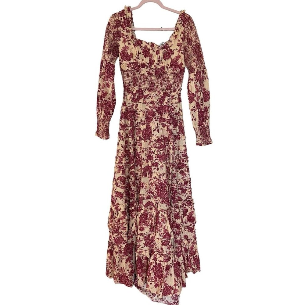 Mac Duggal Dress Gown Size 2 Boho Burgundy Smocked Floral Ruffle Tiered 8022
